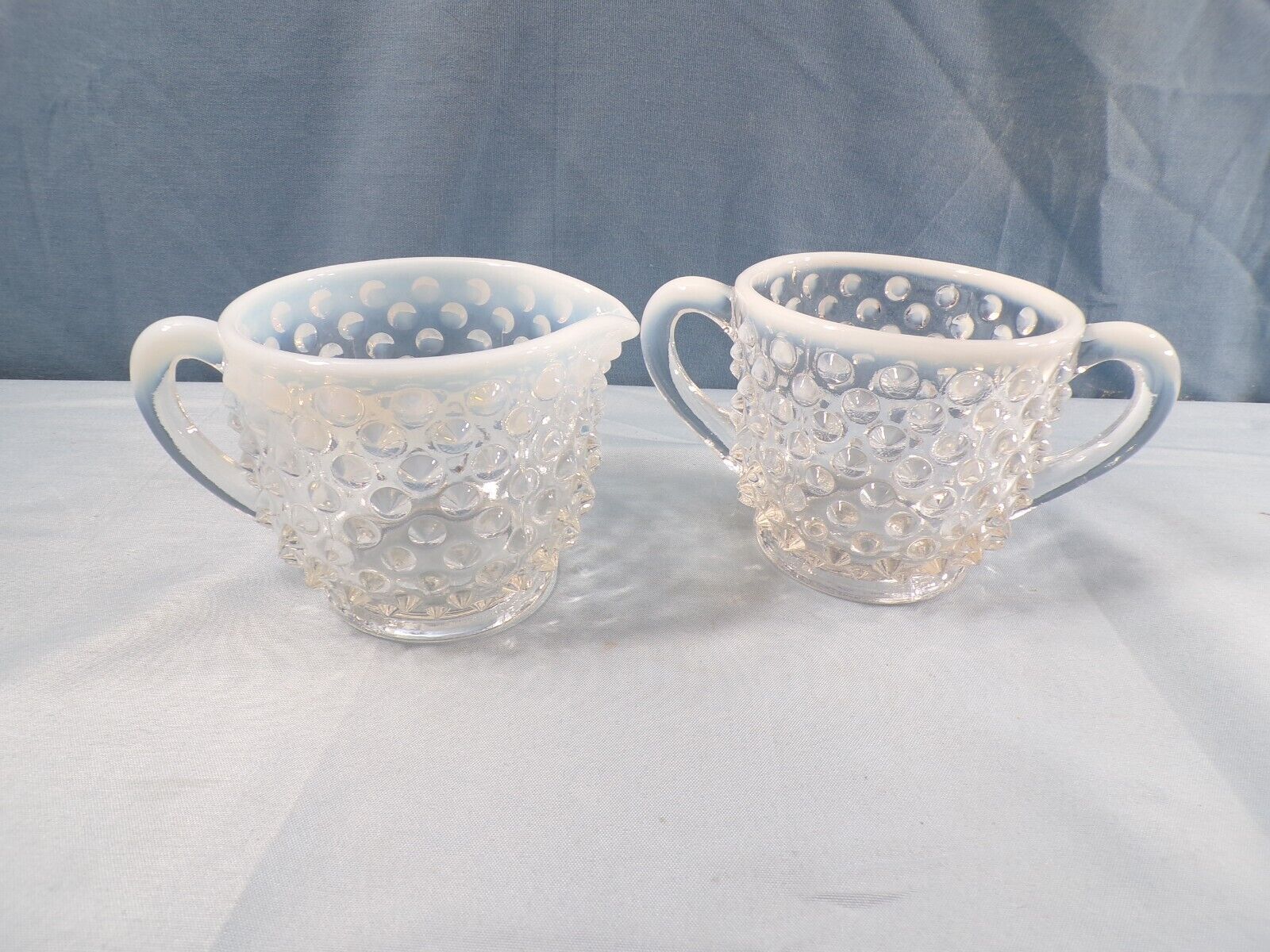 Fenton French Opalescent Glass Hobnail Creamer & Sugar Bowl Set