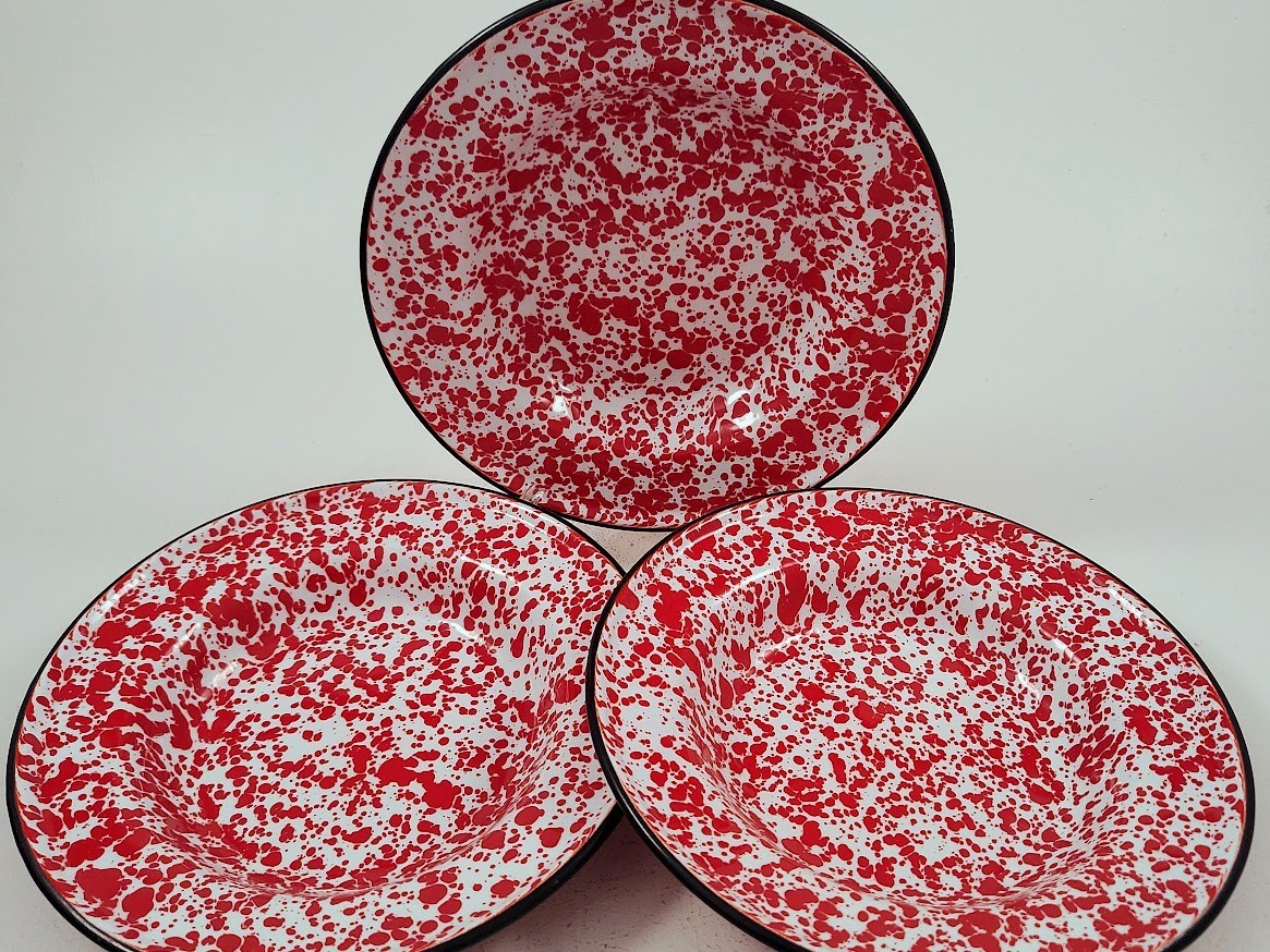 3 Piece CGS International Red White Enamelware Splatterware Salad Plates 8\ 3 Piece CGS International Red White Enamelware Splatterware Salad Plates 8\