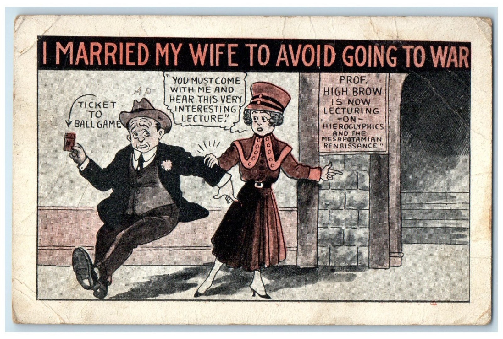 c1910\'s Couple Going To Ball Game Hand Drawn Art Sketch WWI Egypt Postcard c1910\'s Couple Going To Ball Game Hand Drawn Art Sketch WWI Egypt Postcard