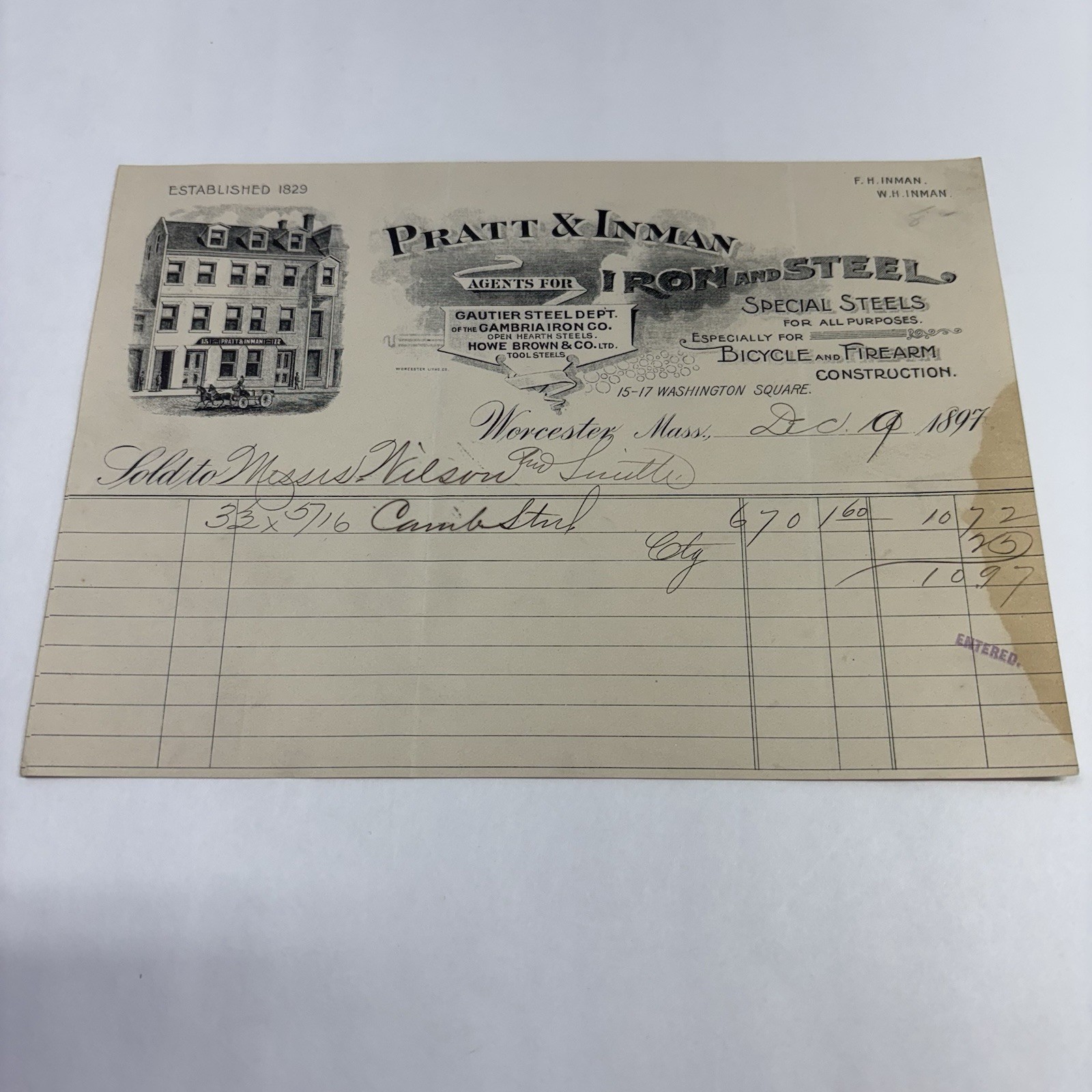 Pratt & Inman Iron and Steel Worcester, MA 1897 Invoice Billhead