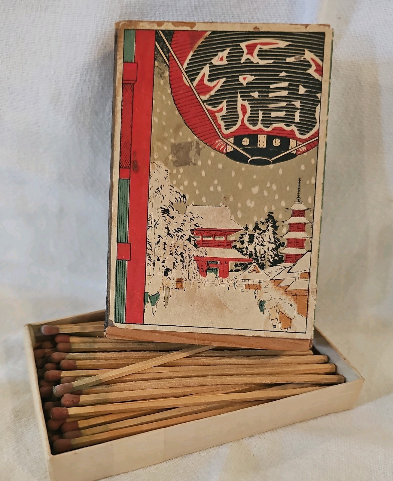 Original Vintage Large Japanese Wood Matchbox Kinryuzan Temple Woodblock Print Original Vintage Large Japanese Wood Matchbox Kinryuzan Temple Woodblock Print