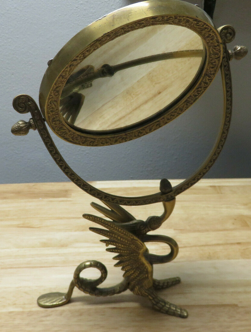Antique Bronze TONE ORNATE ASIAN CHINESE DRAGON FISH 1 SIDE VANITY MIRROR 15”