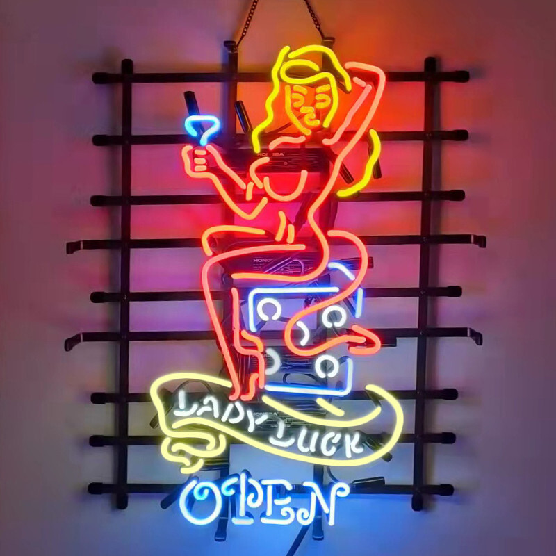 US Stock Lady Luck Casino Open Neon Sign Light Lamp Room Bar Wall Decor 24x20