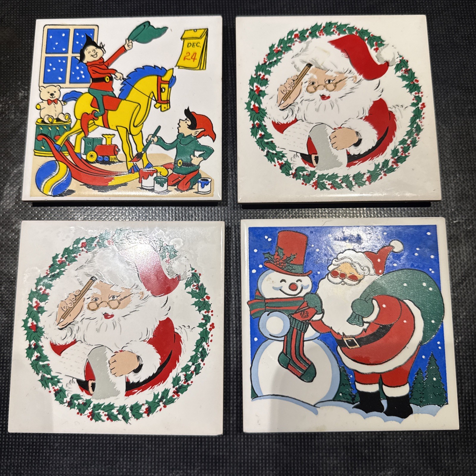 Set Of 4 Vintage Christmas Trivets Hotplates Santa Snowman Elves 1981 Taiwan Set Of 4 Vintage Christmas Trivets Hotplates Santa Snowman Elves 1981 Taiwan