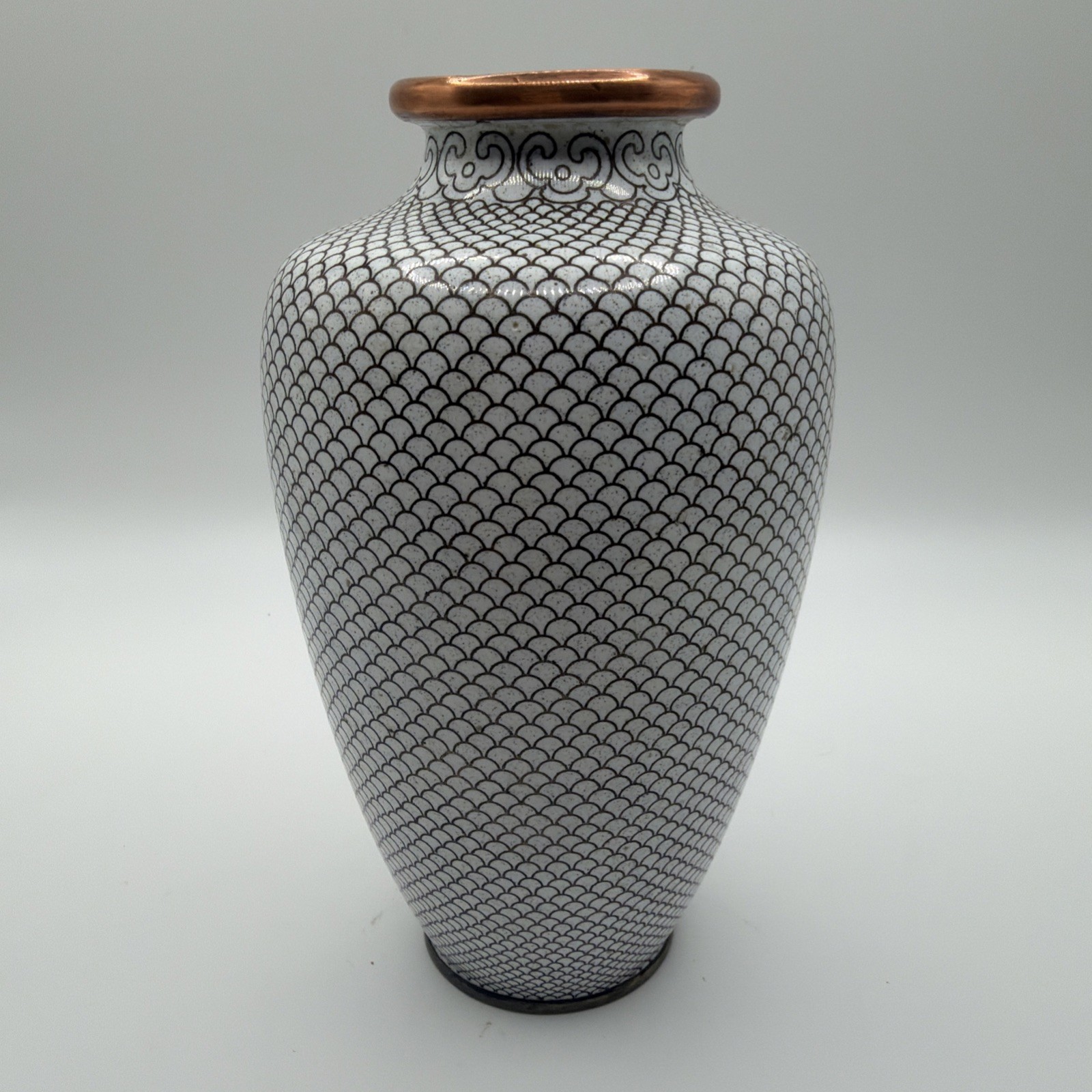 Vintage Chinese Cloisonné Vase White Enamel Fish Scale Copper Rim 6.25