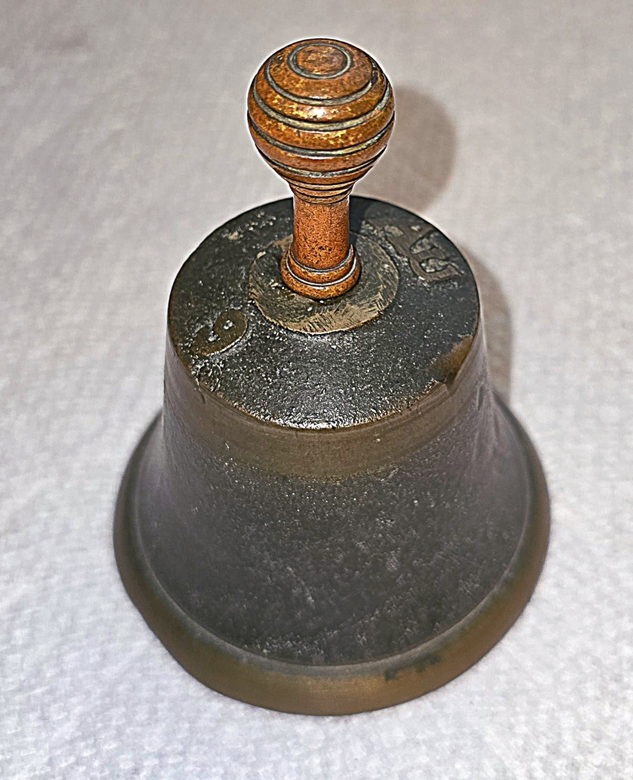 Authentic Antique/Vintage Brass Hand Bell original turned wooden Handle Stamped