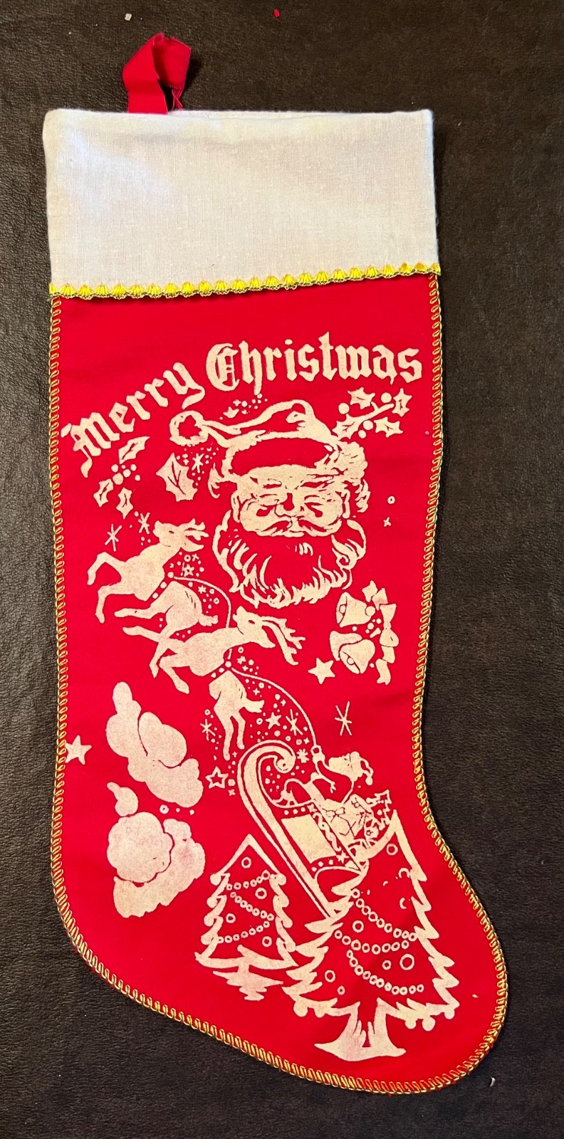 Vtg 1950s 1960s Christmas Stocking Red Flannel Printed Santa/Sleigh Trees etcMCM Vtg 1950s 1960s Christmas Stocking Red Flannel Printed Santa/Sleigh Trees etcMCM