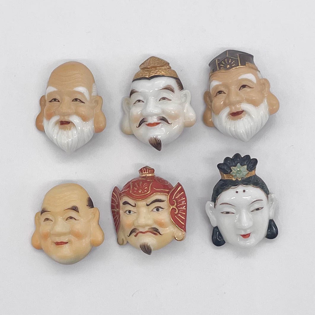Vintage Toshikane Japan Porcelain Buttons Set of 6 Seven Gods Of Fortune