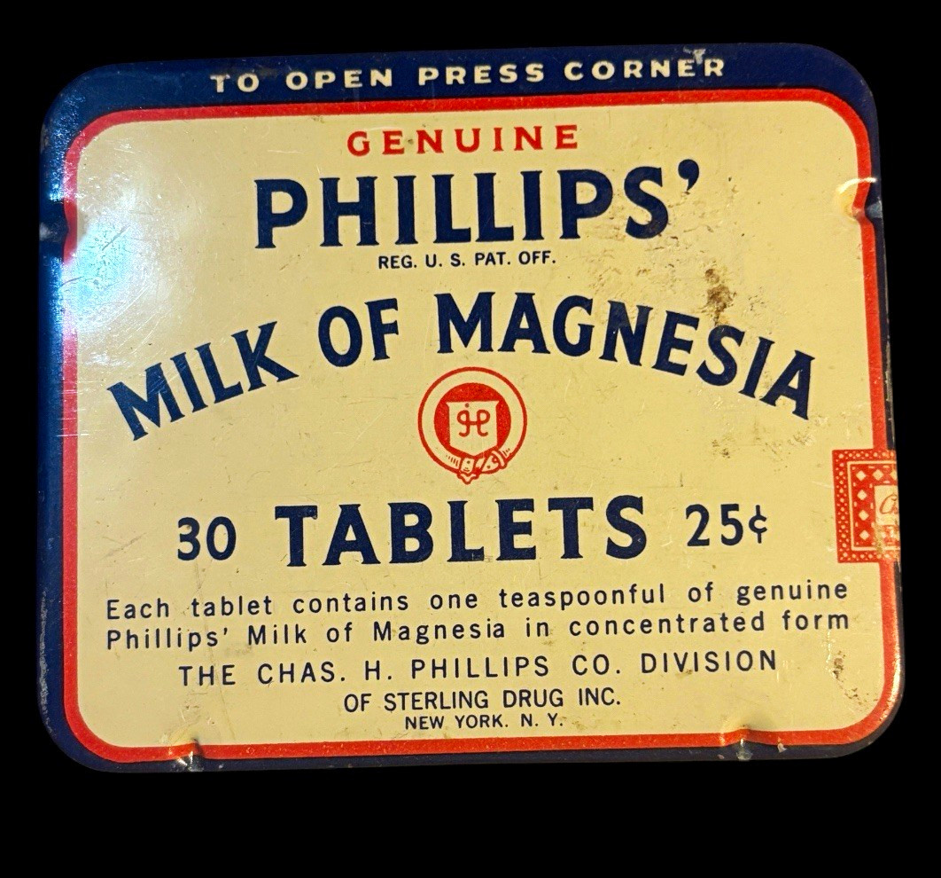 Antique Phillips’ Milk of Magnesia 30 Tablets Advertising Tin w/ Insert Antique Phillips’ Milk of Magnesia 30 Tablets Advertising Tin w/ Insert