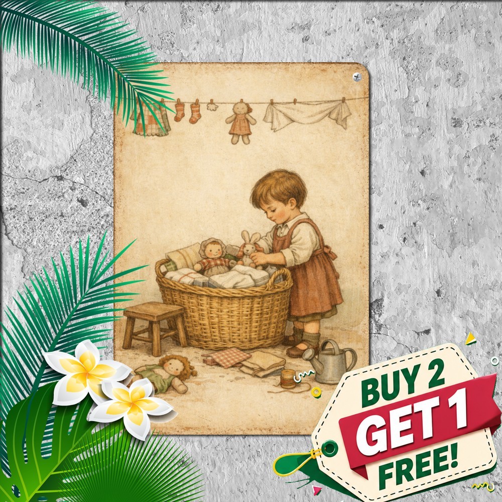 Little Girl Washing Day Chore Tin Sign 8x12 Retro Household Wall Metal Plaque