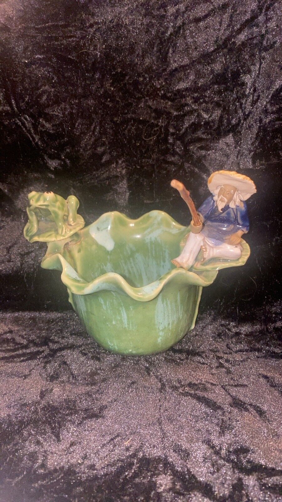 Vintage Majolica Chinese Mudman fishing with frog on Lillypad pottery planter