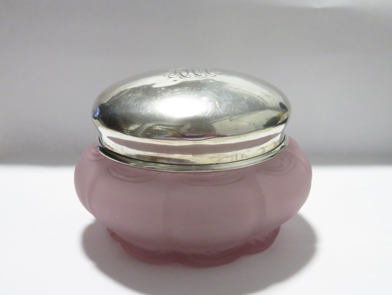ANTIQUE PURPLE GLASS WITH MAKER' S MARK & STERLING LID POWDER JAR INITIALS RHA