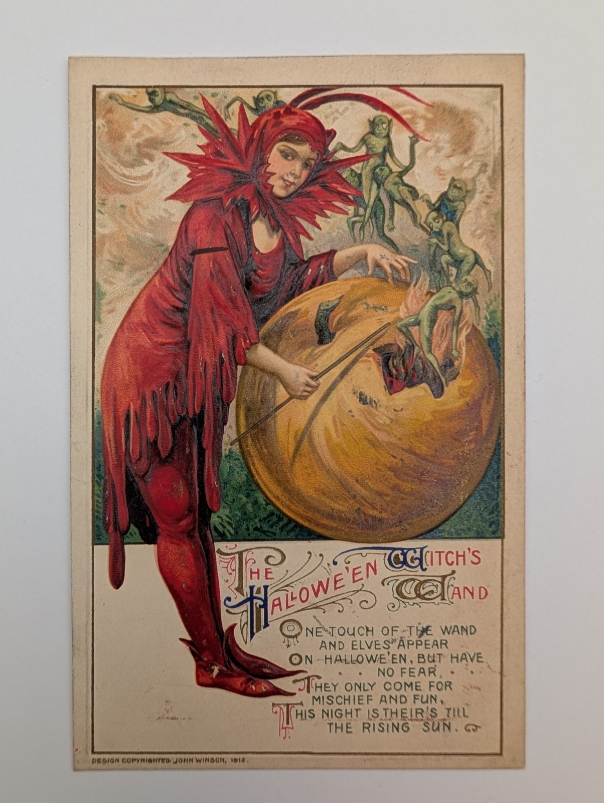 Halloween Antique 1912 Postcard Winsch Schmucker Red Witch Wand JOL Green Elves Halloween Antique 1912 Postcard Winsch Schmucker Red Witch Wand JOL Green Elves