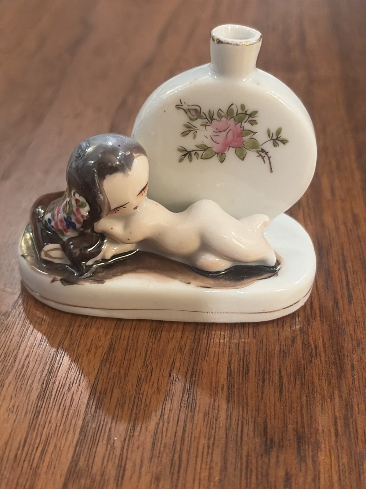 Mocco Occupied Japan Porcelain Miniature Perfume Vase Nude Nymph Girl 3” X 2.5”