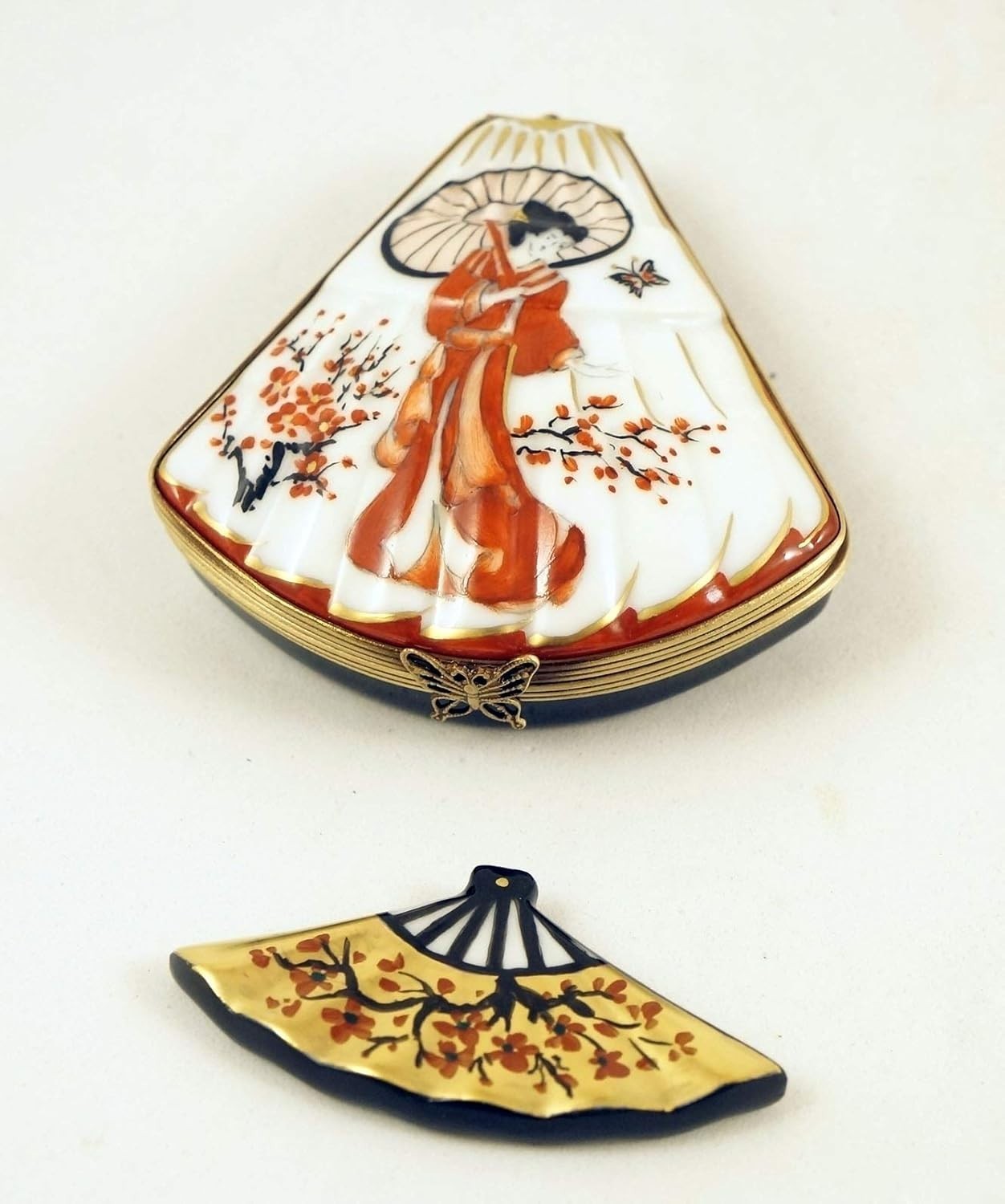New French Limoges Trinket Box Japanese Empress Fan Mother\'s Day Cherry Blossoms