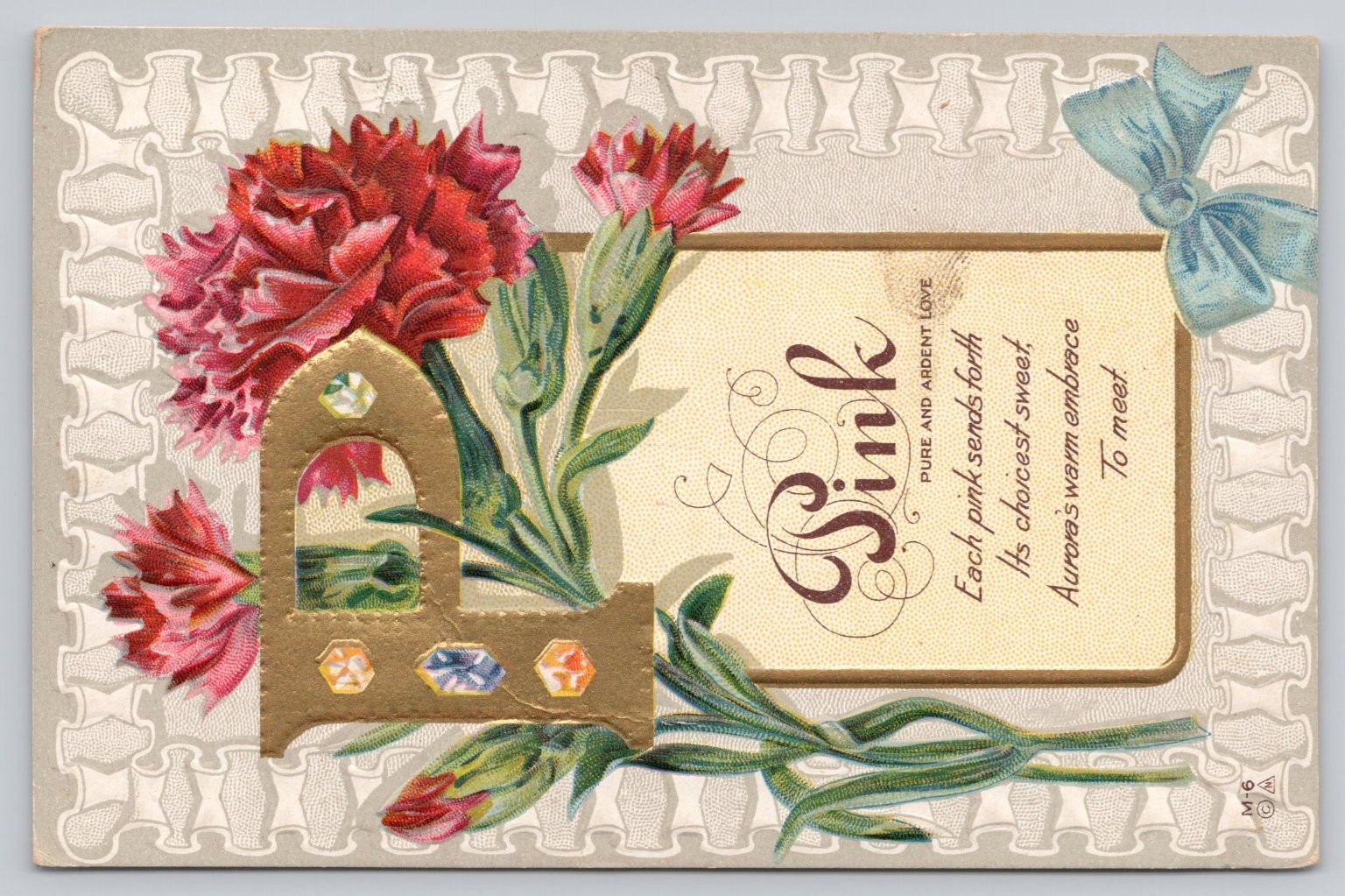 Vintage Embossed Floral P Initial Pink Carnation Poem Postcard c.1910