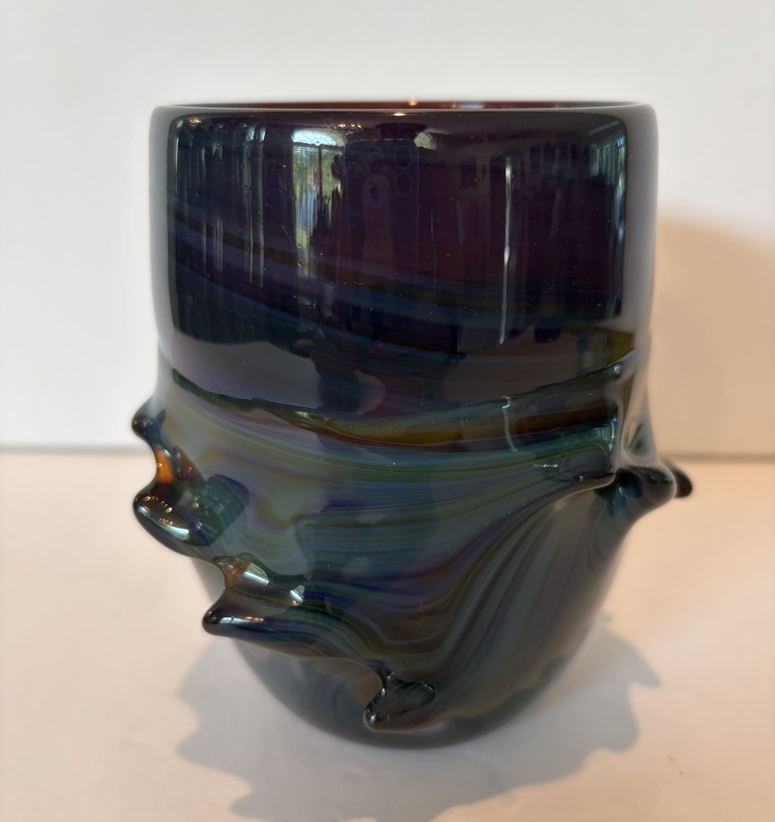 FREDERICK WARREN Hand Blown Art Glass Knobby Tumbler Amethyst Blue Swirls Signed
