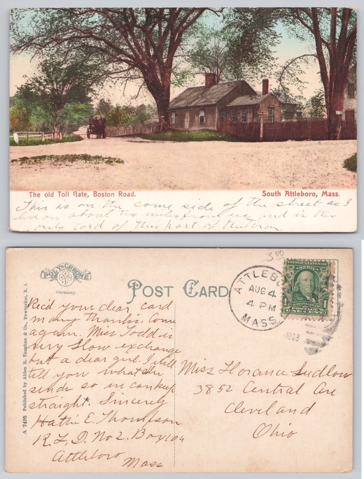 1908 Attleboro MA Old Toll Gate Boston Road Polychrome Postcard