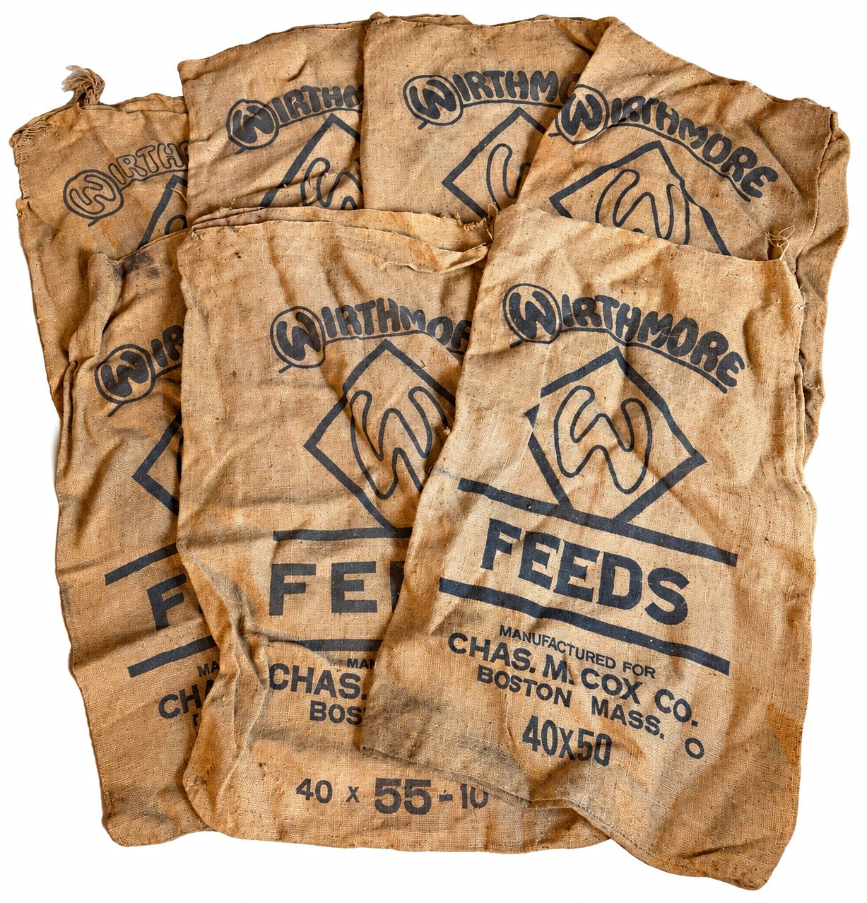 Lot of 7 Vintage Wirthmore Feeds Burlap Feed Sacks Chas M Cox Boston Farmhouse