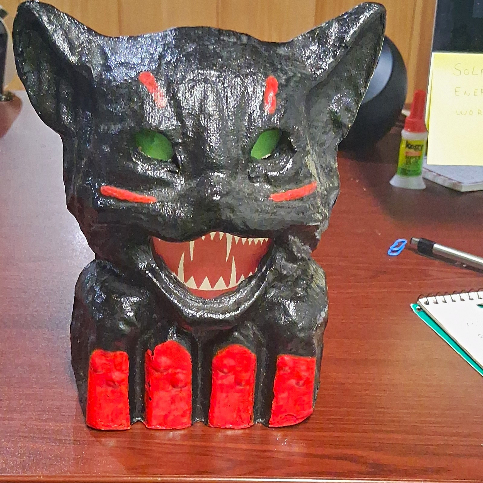Halloween Paper Mache Black Cat Green Eyes