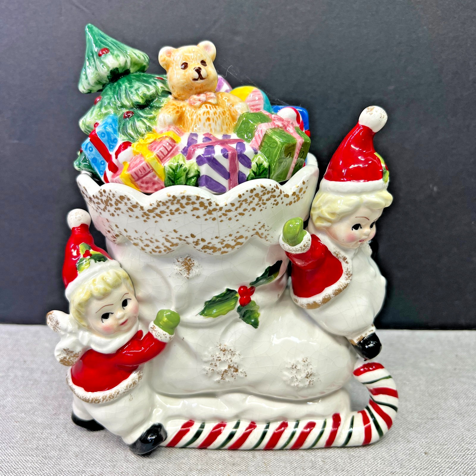 Vintage Style Christmas Boot Candy Cane Sled Elves Toys Ceramic Canister w/lid