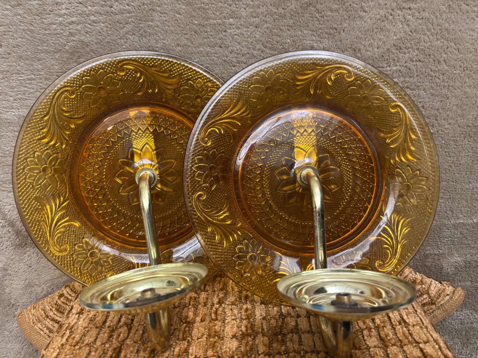 Vintage Pair of Amber Indiana Tiara Glass Wall Sconce Candle Holder MCM