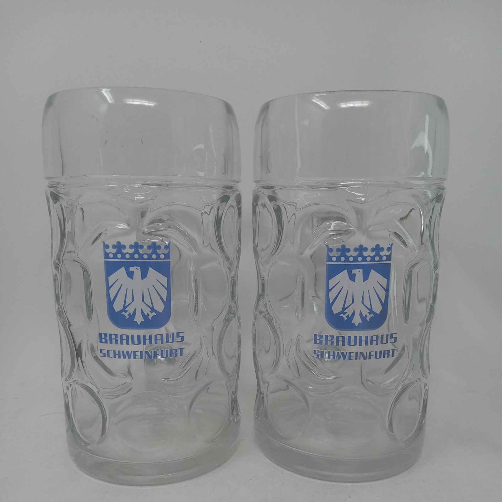 Brauhaus SCHWEINFURT 1 L (2) Glass Thumbprint Dimpled Beer Mugs Germany~ST414 Brauhaus SCHWEINFURT 1 L (2) Glass Thumbprint Dimpled Beer Mugs Germany~ST414