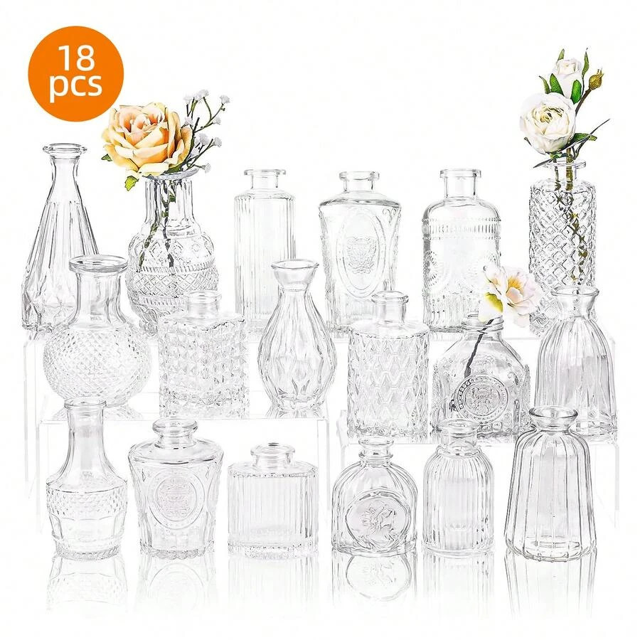 Tomnk 18pcs Glass Bud Vase Set, Bulk Amber/Clear/ Pink/ Blue Mini Vintage Flower