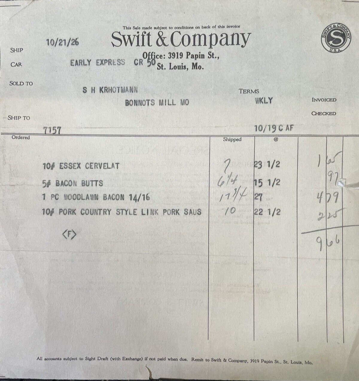 1926 Swift & Company Bill head Antique St Louis MO Bacon Pork Early Express Car 1926 Swift & Company Bill head Antique St Louis MO Bacon Pork Early Express Car