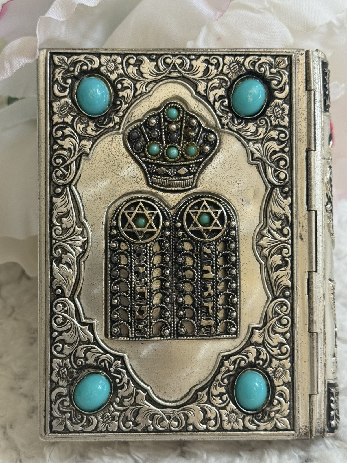 Vintage 1968 Israel Judaica Siddur Prayer Book Metal Turquoise Ten Commandments