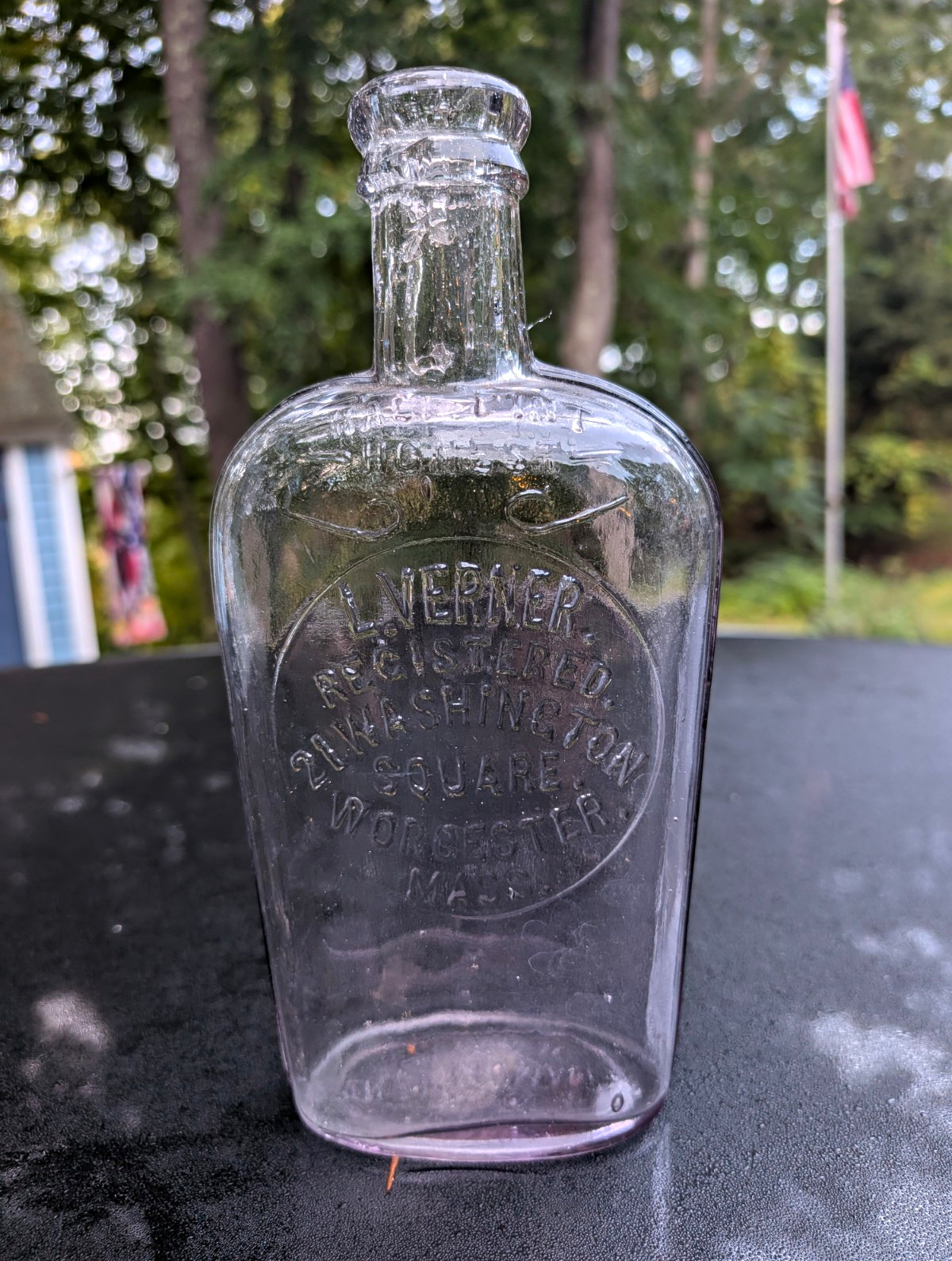 L. Verner Clear Embossed Flask, Washington Square Worcester MA. Half Pint,SCA L. Verner Clear Embossed Flask, Washington Square Worcester MA. Half Pint,SCA