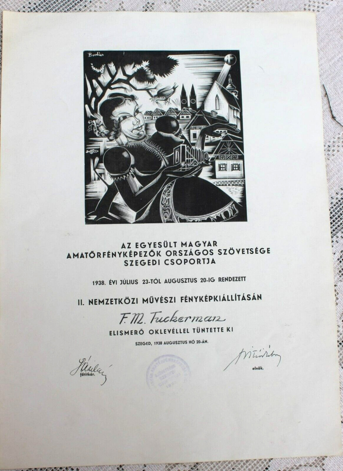 Antique 1938 Hungarian Certificate Appreciation Photographer F M Tuckerman WWII