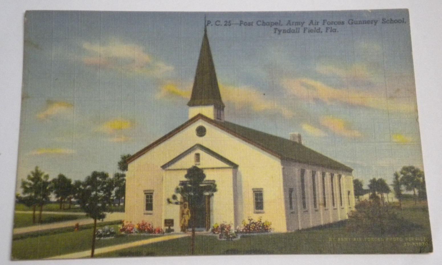 Vtg c1943 Post Chapel Army Air Forces Gunnery School Tyndall Field FL Postcard