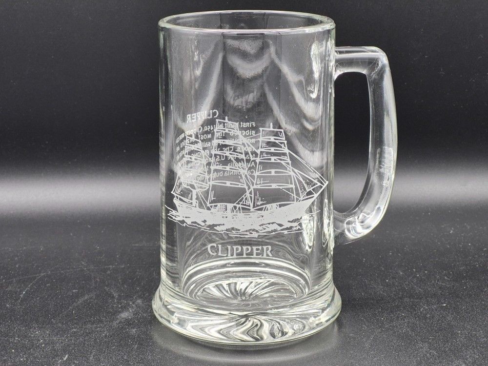 Vintage Etched Glass Clipper Ship Handled Mug Vintage Etched Glass Clipper Ship Handled Mug