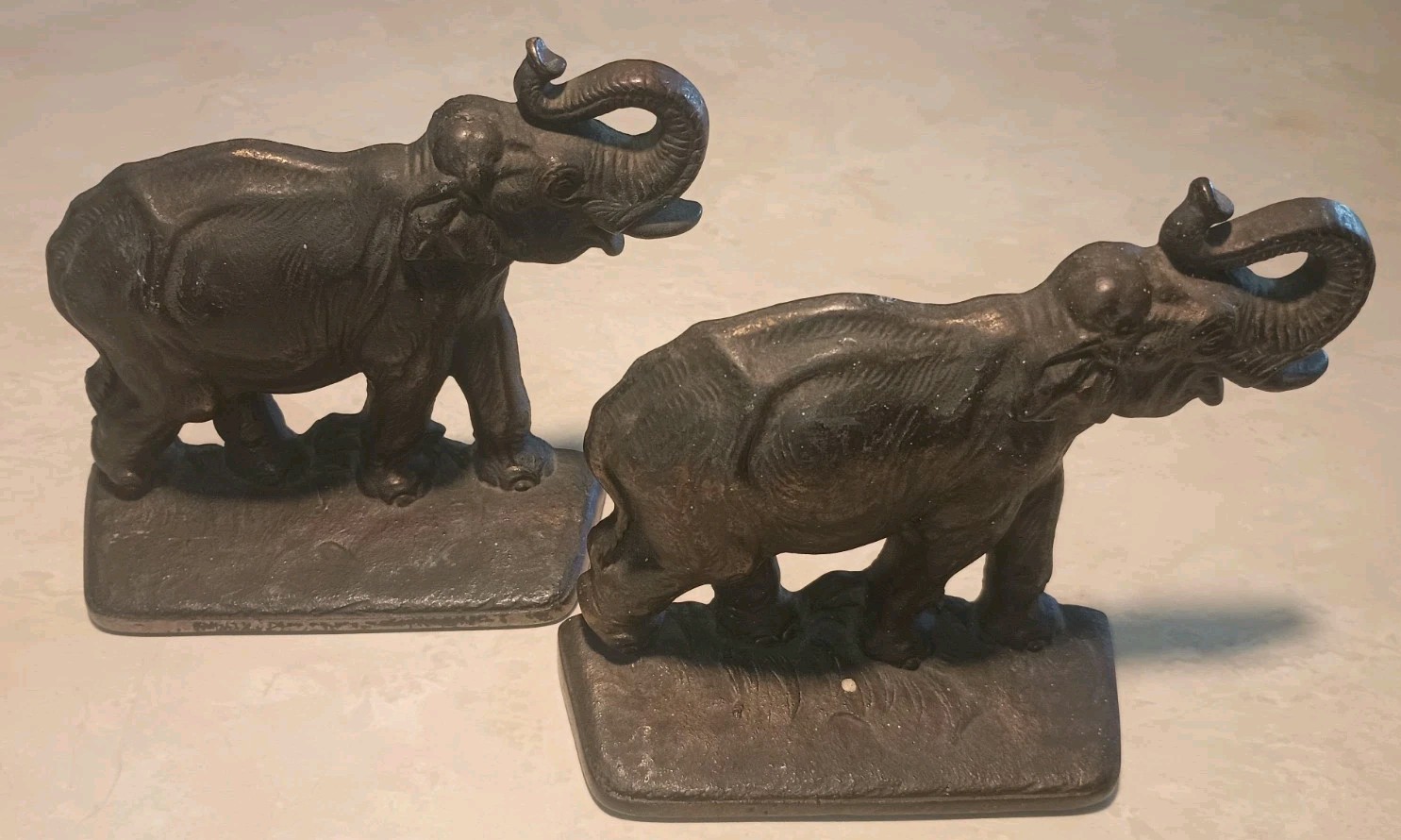 Antique (1920's) HUBLEY Cast Iron Elephant Bookends (Pair) - Trunk Up Antique (1920's) HUBLEY Cast Iron Elephant Bookends (Pair) - Trunk Up