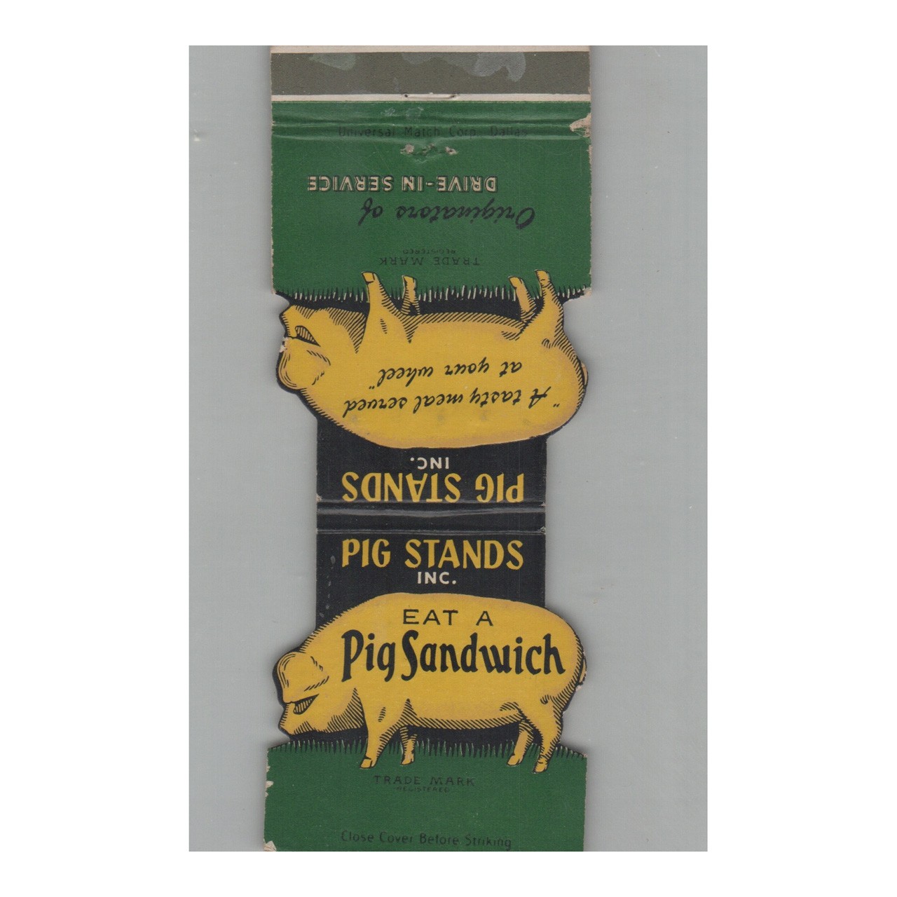 Jewelite Matchbook Cover Pig Stands Inc Eat A Pig Sandwich Corpus Christi TX