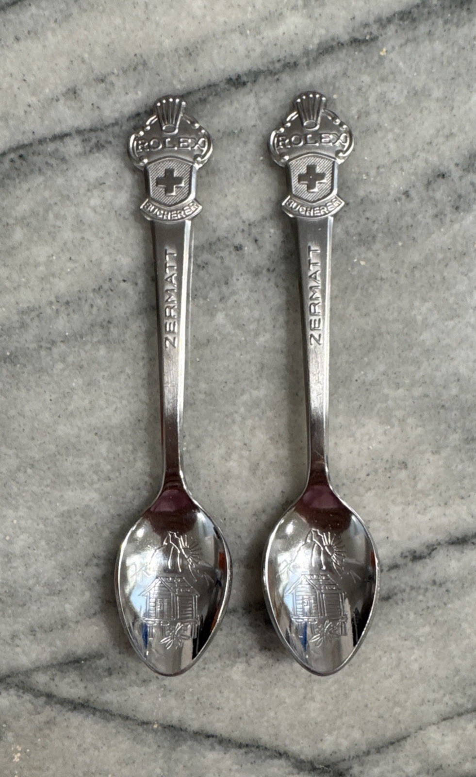 2- Vintage Bucherer Zermatt Switzerland Souvenir Spoon Rolex Crest Silverplate 2- Vintage Bucherer Zermatt Switzerland Souvenir Spoon Rolex Crest Silverplate