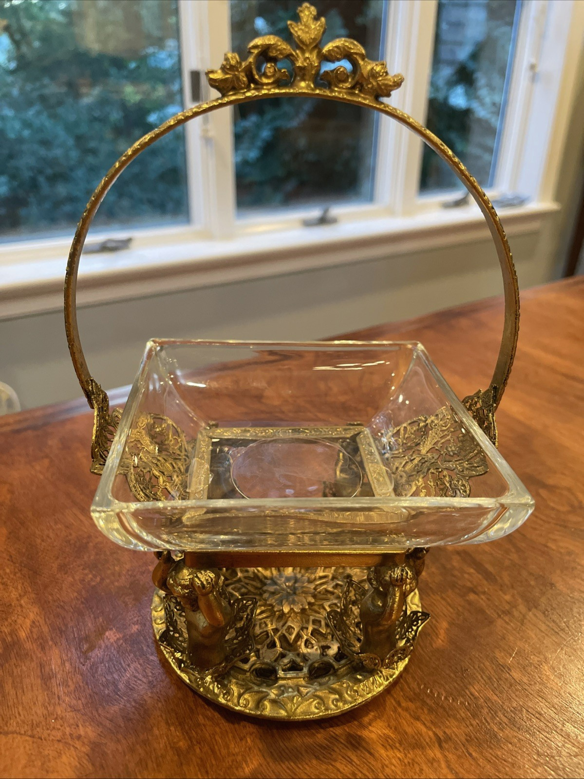 Vintage Hollywood Regency Ormolu Cherub Basket Candy Dish Angel Gold Filigree Vintage Hollywood Regency Ormolu Cherub Basket Candy Dish Angel Gold Filigree