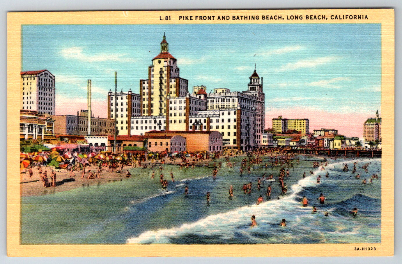 c1940s Pike Front Bathing Beach Long Beach California Linen Postcard