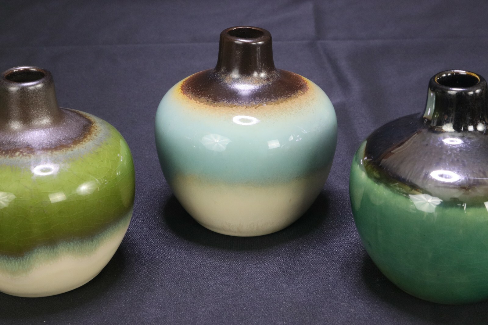 Set Of 3 Three Hands Corp. Vases In Glazed Ceramic, Brown, Teal, Beige, Mint Set Of 3 Three Hands Corp. Vases In Glazed Ceramic, Brown, Teal, Beige, Mint
