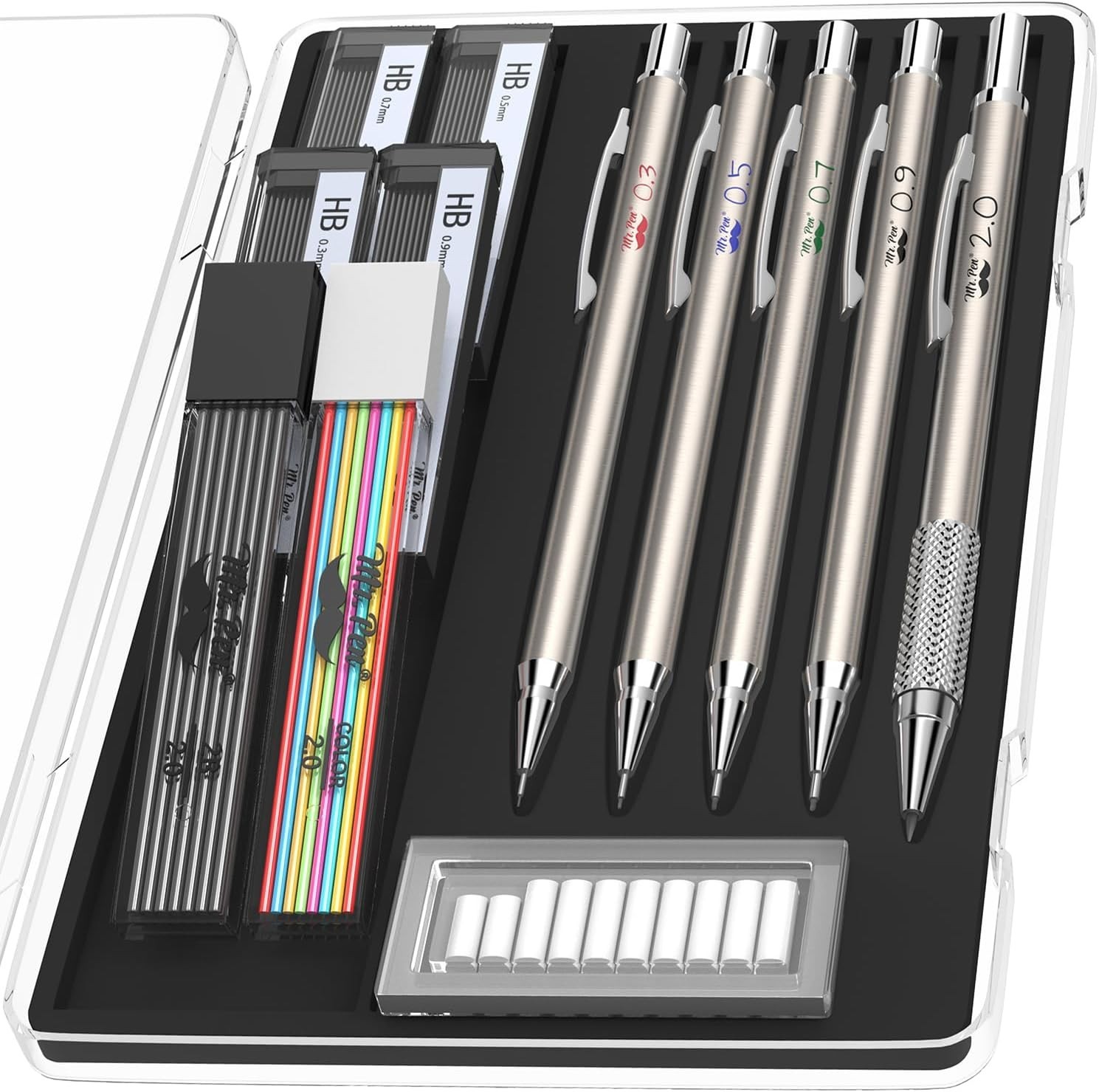 - Metal Mechanical Pencil Set with Lead and Eraser Refills, 5 Sizes - Metal Mechanical Pencil Set with Lead and Eraser Refills, 5 Sizes