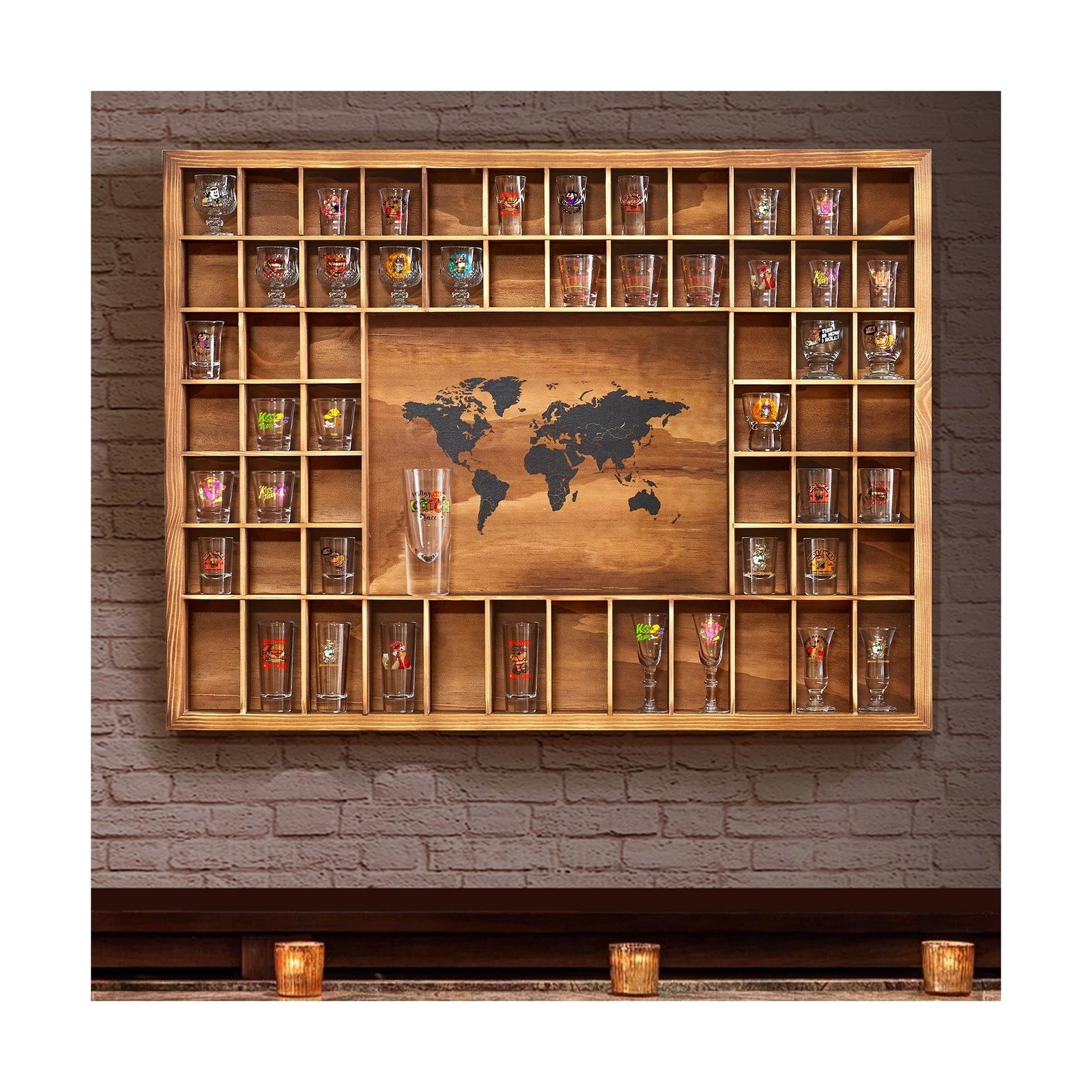 Tristcily Large World Map Shot Glass Display Case 60 Slots 34 X 26\'\'Rustic Br...