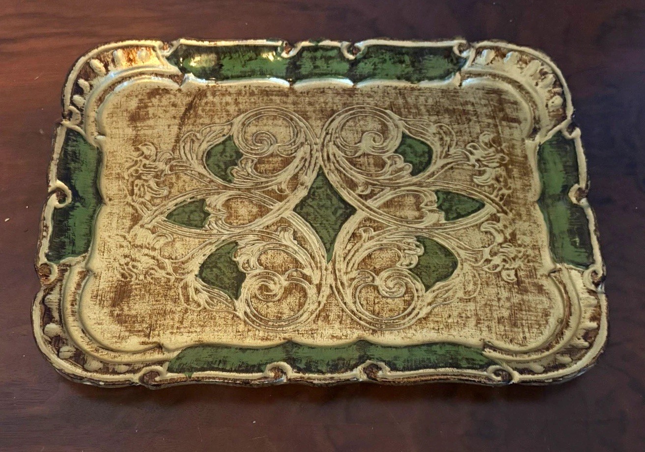 Vintage Italian Florentine Wood Serving Tray – Gilt Gold & Green Baroque Design Vintage Italian Florentine Wood Serving Tray – Gilt Gold & Green Baroque Design