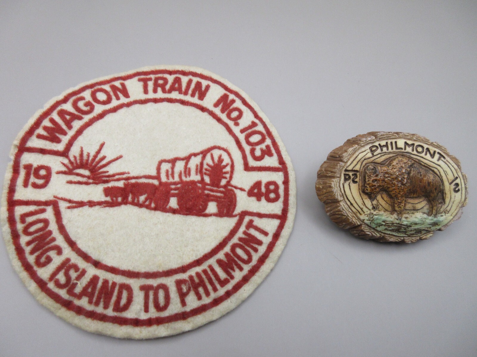 RARE Vtg 1948 BSA Philmont Felt Patch Long Island + Neckerchief Slide Buffalo RARE Vtg 1948 BSA Philmont Felt Patch Long Island + Neckerchief Slide Buffalo