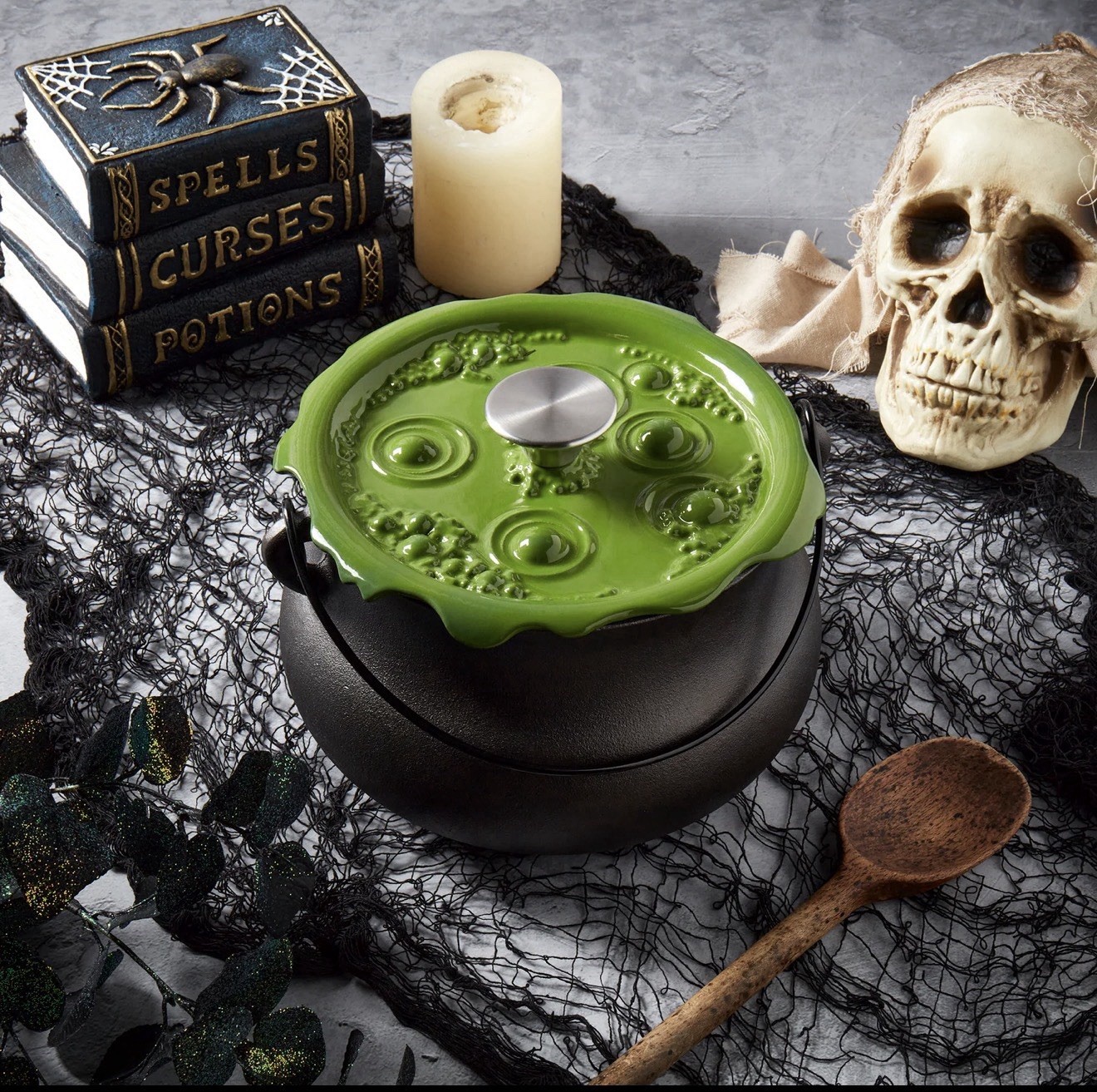 Smith & Clark 4 Quart Cast Iron Cauldron Pot w/ Green \'Bubbling\' Lid - Brand New