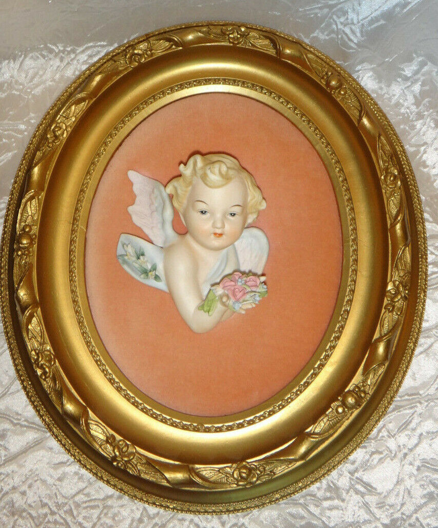 Vintage Velvet Framed Angel Wall Hanging Wood Frame