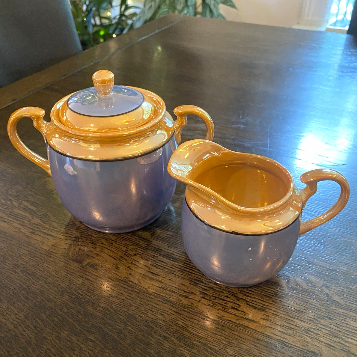 Vintage Lustreware Sugar Bowl and Creamer Set - Lilac and Peach Vintage Lustreware Sugar Bowl and Creamer Set - Lilac and Peach