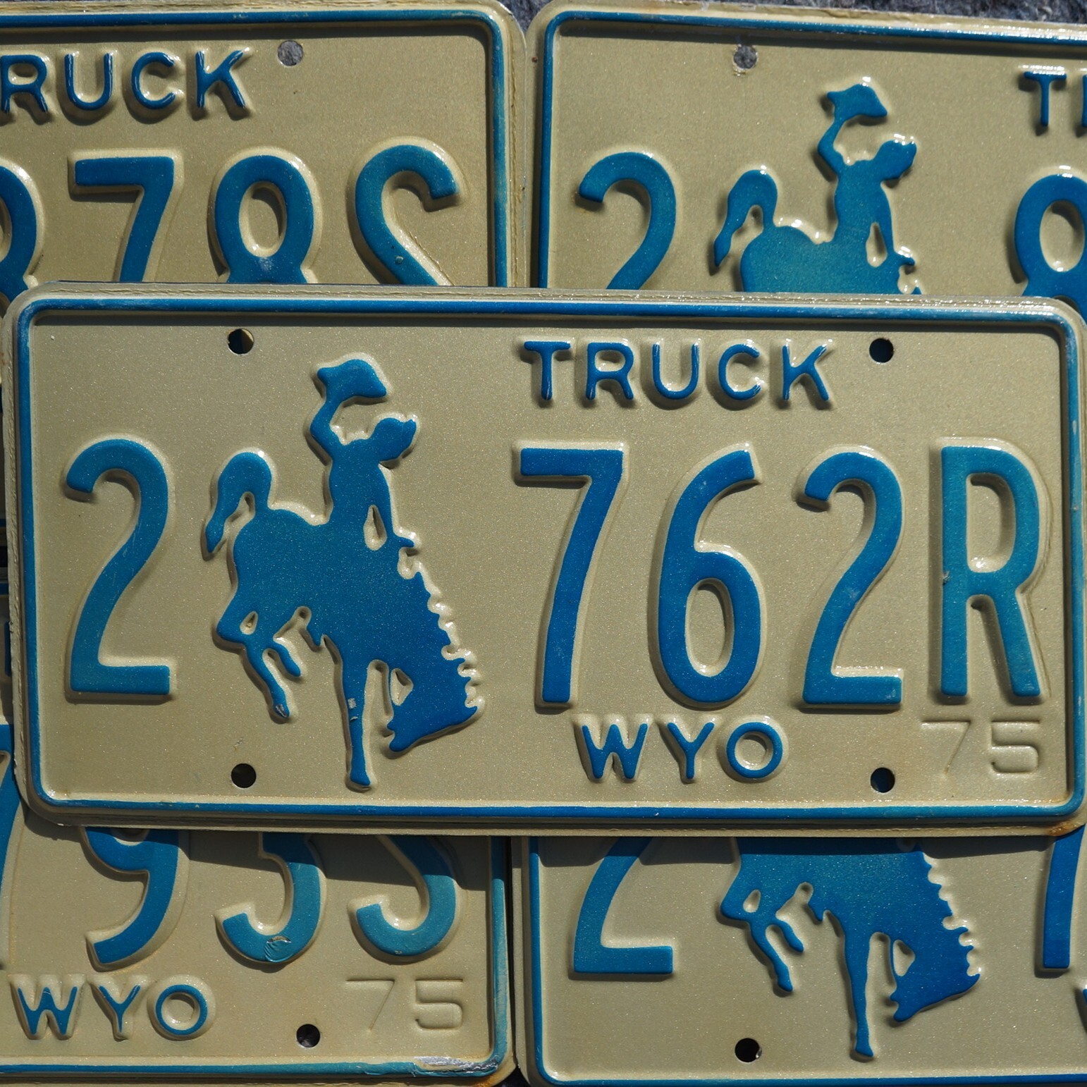1975 WYOMING LICENSE PLATES - TRUCK BLUE COWBOY HORSE EMBOSSED License Plate Tag
