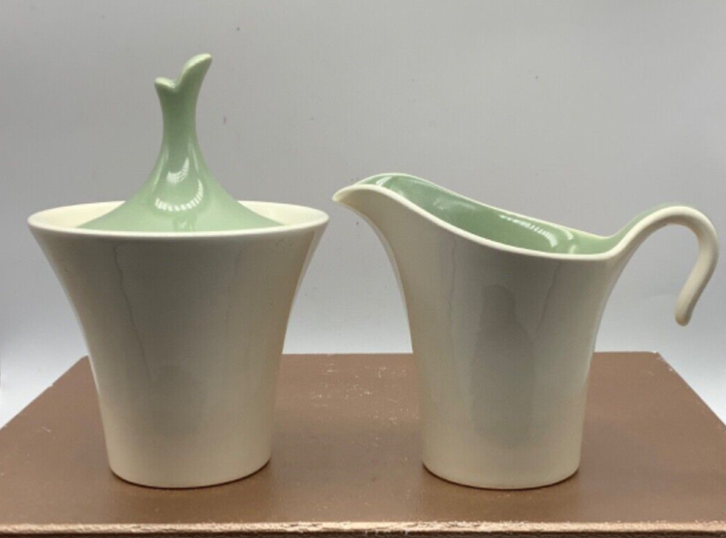 Vintage Harker Ware Celadon Sage Cream Sugar Bowl Harkerware White & Green MCM
