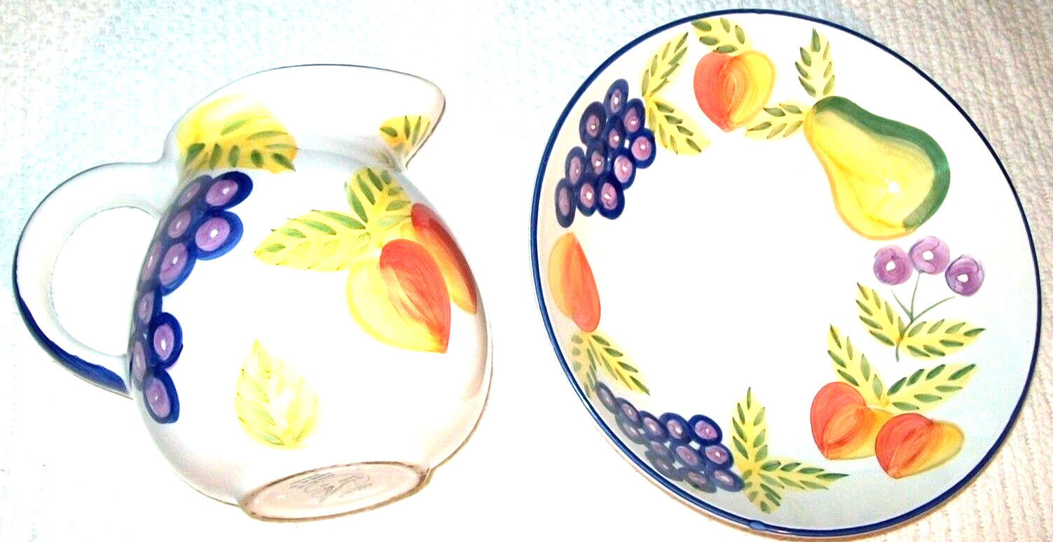 Vtg Artist\'s Touch Orchard Jubilee Bowl Platter Pitcher Set White Fruit Print Vtg Artist\'s Touch Orchard Jubilee Bowl Platter Pitcher Set White Fruit Print